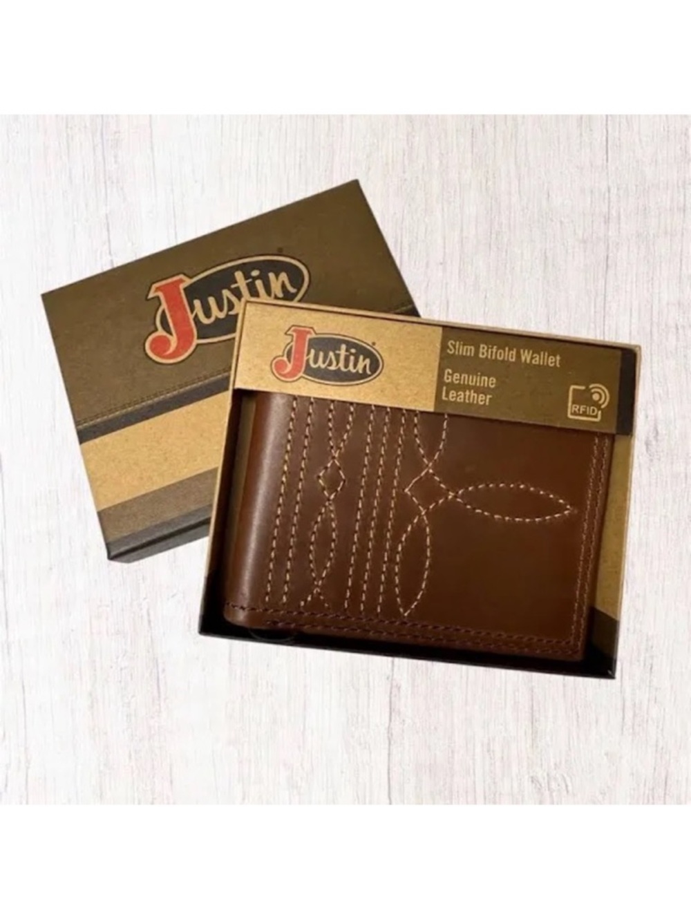 New Justin Boots Brown Leather Slim Bifold Wallet with Stitch Detail